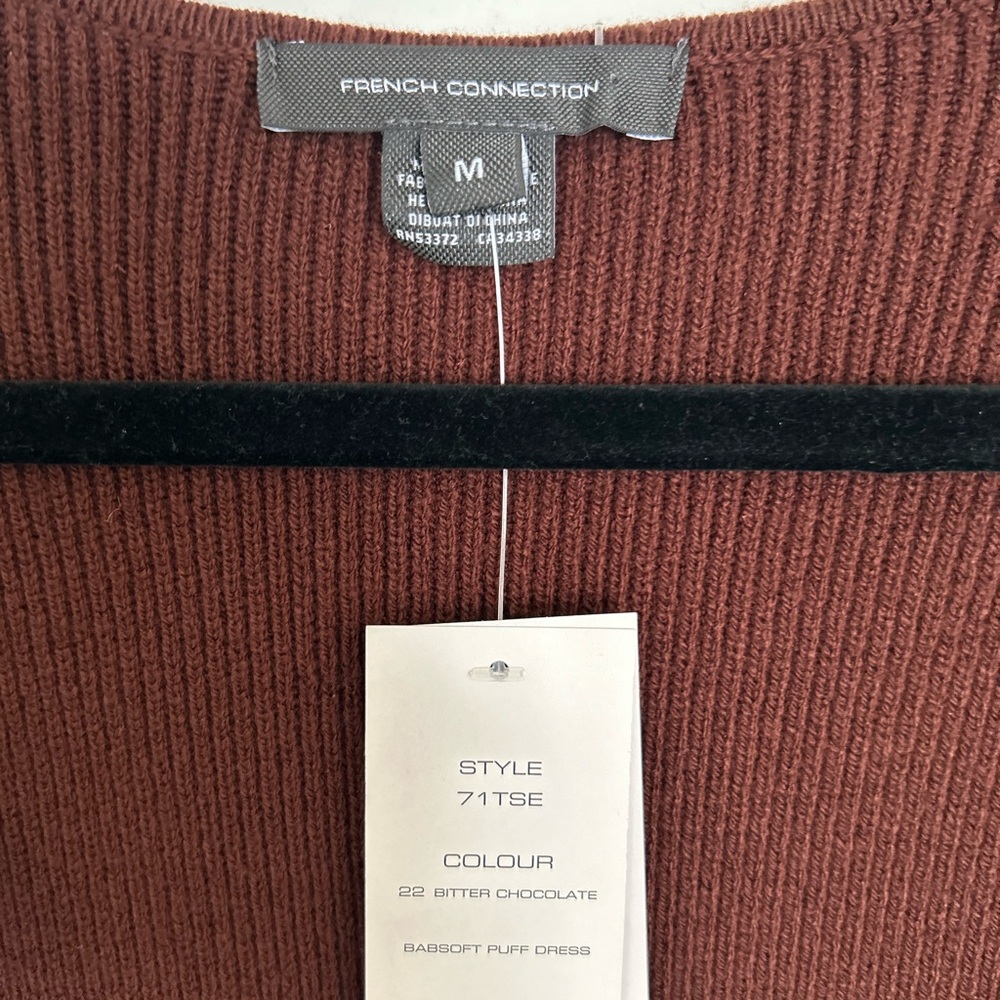 Brown square neck, midi French connection sweater dress. Size M, new with tags.